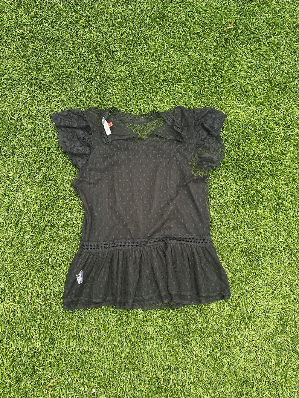 Mello G Pere Black Lace Sheer Ruffle Blouse Size Large